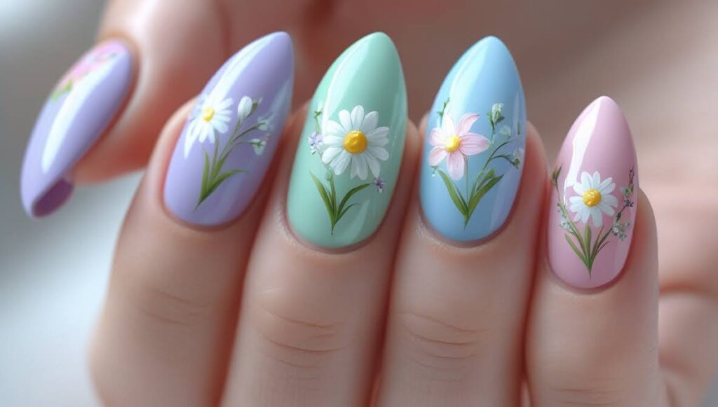 Long oval nails painted pastel colors with delicate hand-painted floral designs like daisies and pink flowers