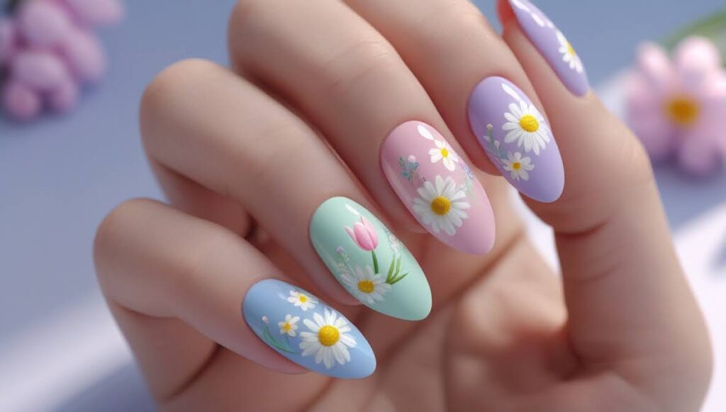 Pastel nails with delicate floral designs.